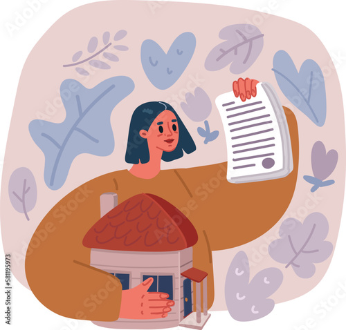 Vector illustration of Happy Young Woman Bought New House, Girl hung house, Real Estate