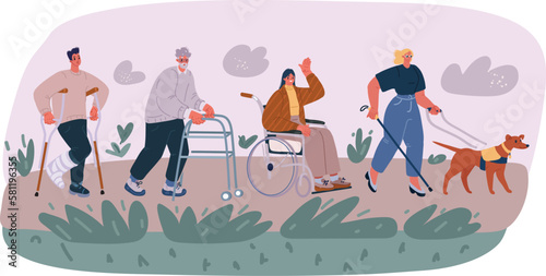 Vector illustration of people with disability, therapy, reabilitation. Man on crunch, woman in wheelchcair, Oldman elderly man using walking frame, blind woman walking with guide-dog