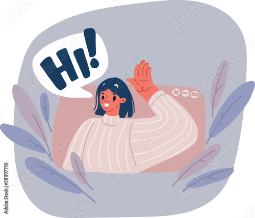 Vector illustration of woman face in pop up message window say Hi!