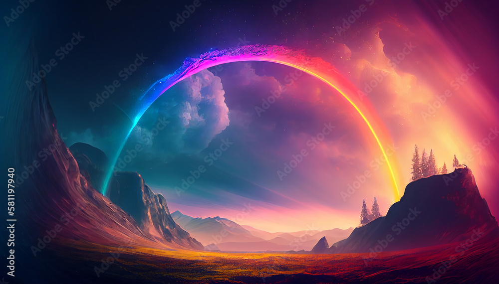 A rainbow arcing over a landscape, the vibrant colors of the spectrum captured in stunning detail, generative ai