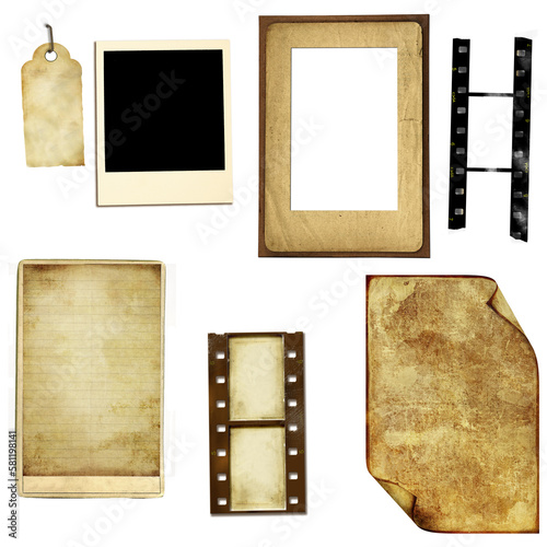 set of Vintage paper photo frames with blanck frames, film stripes. collectio...