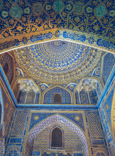 Persian and islamic architecture mosque interior at the ancient Silk Road city of Samarkand, Uzbekistan, Registan complex