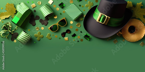 St. Patrick's Day background. Top view of gift boxes, clover, lucky hat, golden coins and glasses. Holiday banner, web poster, flyer, brochure, greeting card, cover with copy space. generative ai
