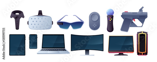 Gaming technology devices. Cartoon game gadgets PC laptop display tablet and phone, VR helmet and AR glasses accessories. Vector isolated set. Equipment for entertainment, wireless electronic objects
