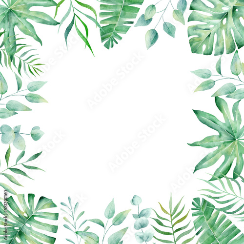 Exotic watercolor tropical frame border palm tree. Summer clipart illustration.