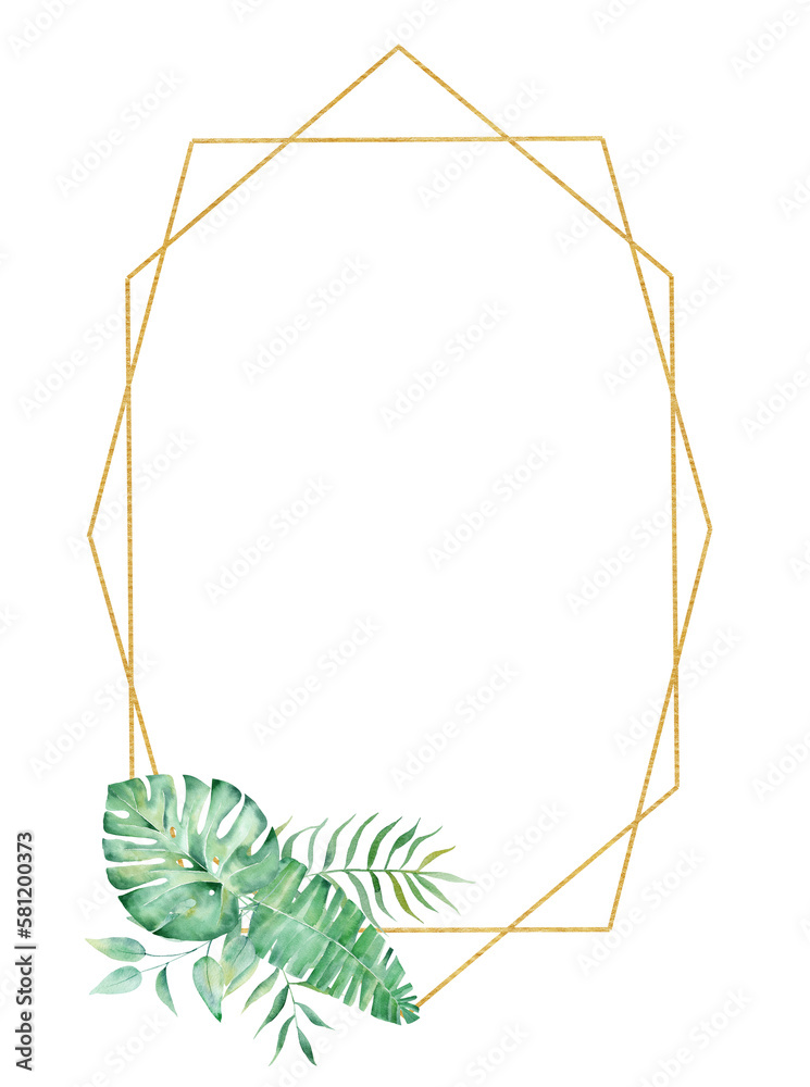 Exotic watercolor tropical frame border palm tree. Summer clipart illustration.