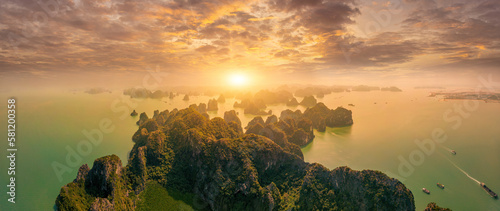 Konstfotografi Aerial view floating fishing village and rock island, Ha Long Bay, Vietnam, Southeast Asia