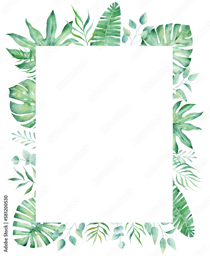 Exotic watercolor tropical frame border palm tree. Summer clipart illustration. - obrazy, fototapety, plakaty 