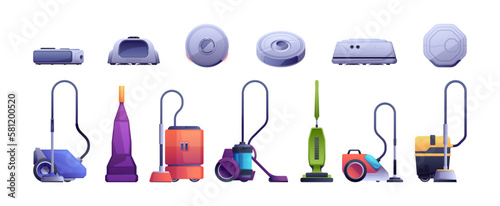 Vacuum cleaner robot. Smart device for home and office cleaning, household automation equipment, cyclone hoover machine. Vector isolated set. Professional tools and gadgets for housekeeping
