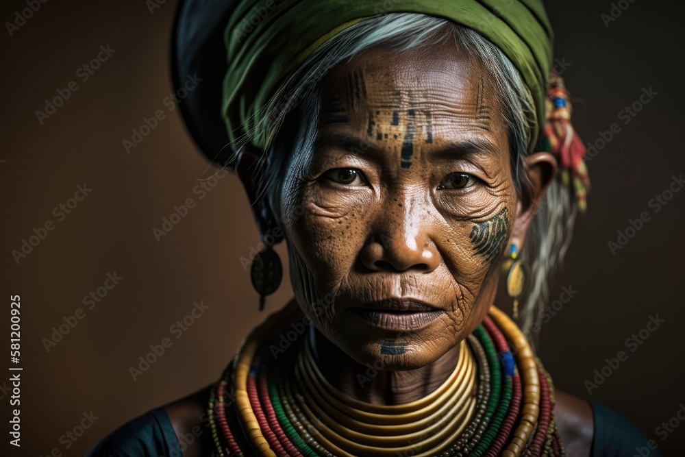 Padaung woman portrait, dressed on traditional clothing, ornate with rings on the neck. Ai Generative.