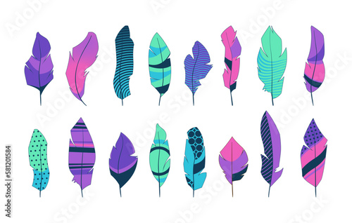 Tribal feathers. Ornamental ethnic indian plume icons, stylized decorative hippie birds quill silhouettes creative boho style. Vector isolated set. Bright colorful animal elements with design