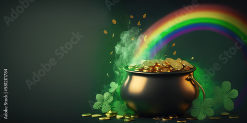 black pot full of gold coins and shamrock leaves. st. patrick's day abstract green background for design, banner, invitation. digital art, generative ai