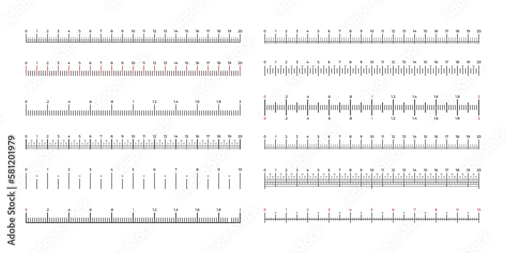 Ruler marks set. Simple measuring scales with metric and imperial system marks, measurement equipment marked in centimeters inches. Vector collection. Equipment for geometry lesson Ruler marks set. Simple measuring scales with metric and imperial system marks, measurement equipment marked in centimeters inches. Vector collection. Equipment for geometry lesson