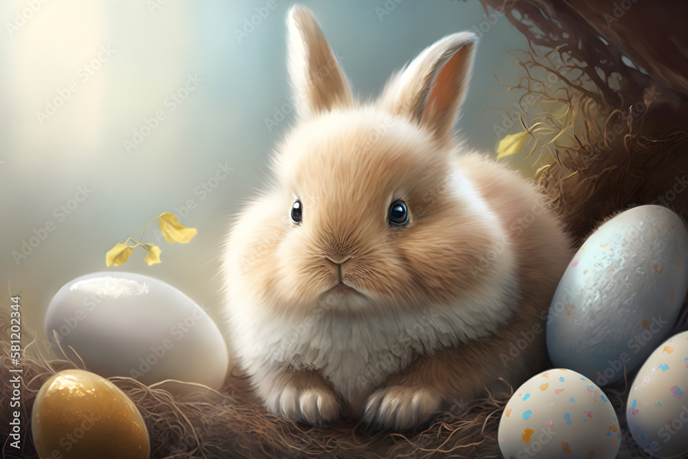 little cartoon easter bunny with eggs in garden, Generative AI 1