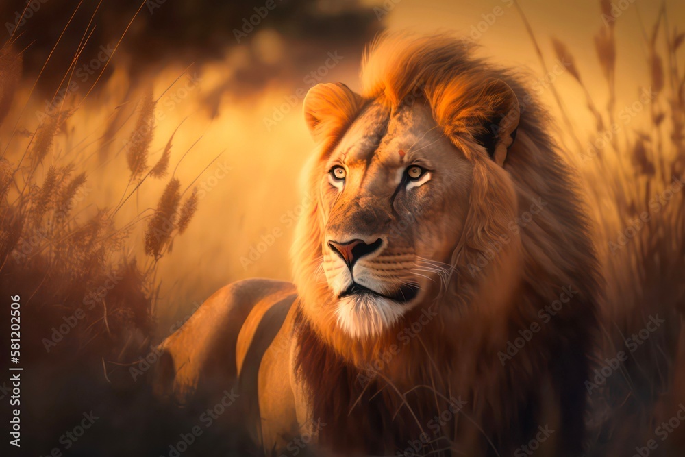 Portrait of a majestic lion in the light of the sun in savannah. Generative AI.