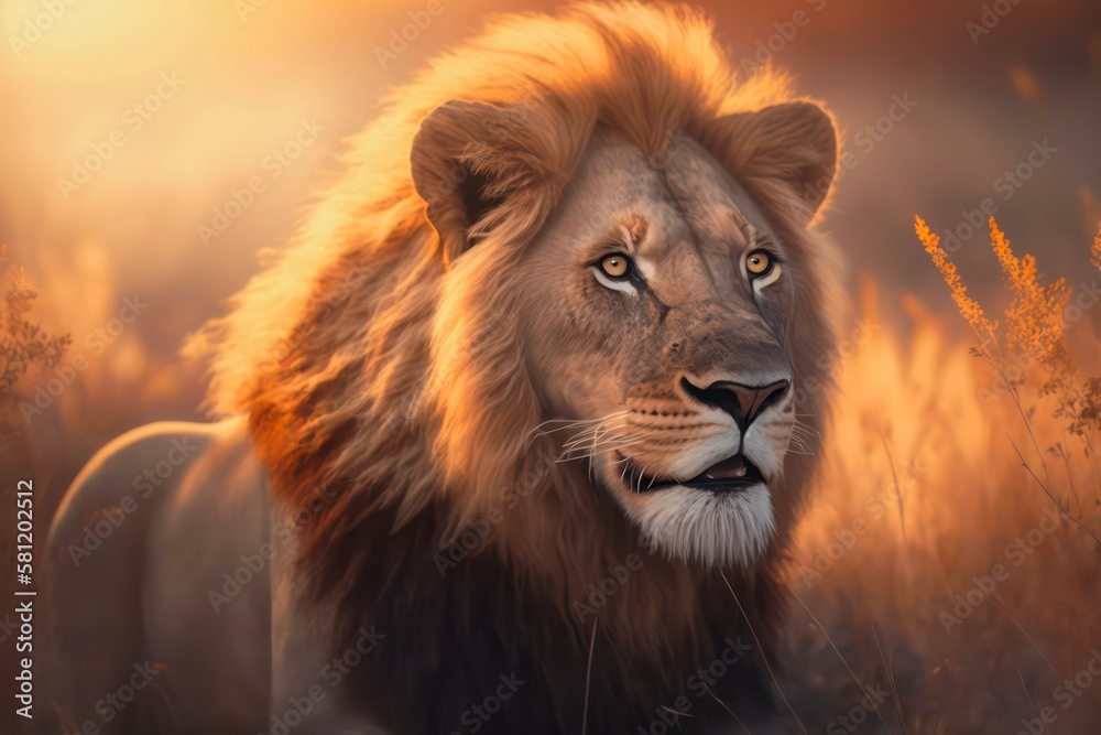 Naklejka premium Portrait of a majestic lion in the light of the sun in savannah. Generative AI.