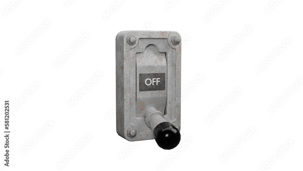 Closeup of a rusty lever on a wall with OFF sign industrial and more purpose switch 3d render illustration, with white background Closeup of a rusty lever on a wall with OFF sign industrial and more purpose switch 3d render illustration, with white background