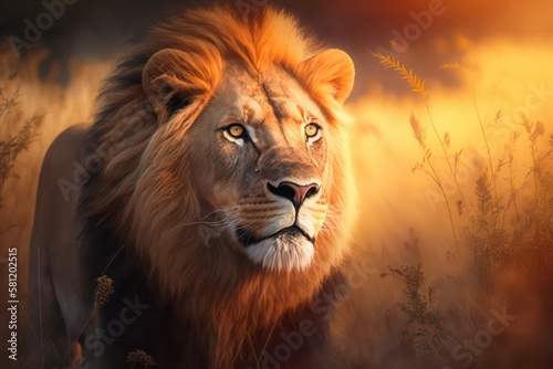 Portrait of a majestic lion in the light of the sun in savannah. Generative AI. © Hanna