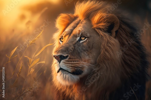 Portrait of a majestic lion in the light of the sun in savannah. Generative AI.
