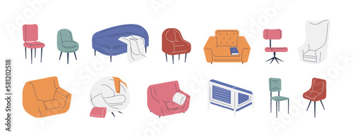 Chairs and armchairs. Cozy home interior and office furniture, stylish upholstered furnish for comfort relaxation, cartoon apartment decor. Vector set. Colorful stylish higgle chairs