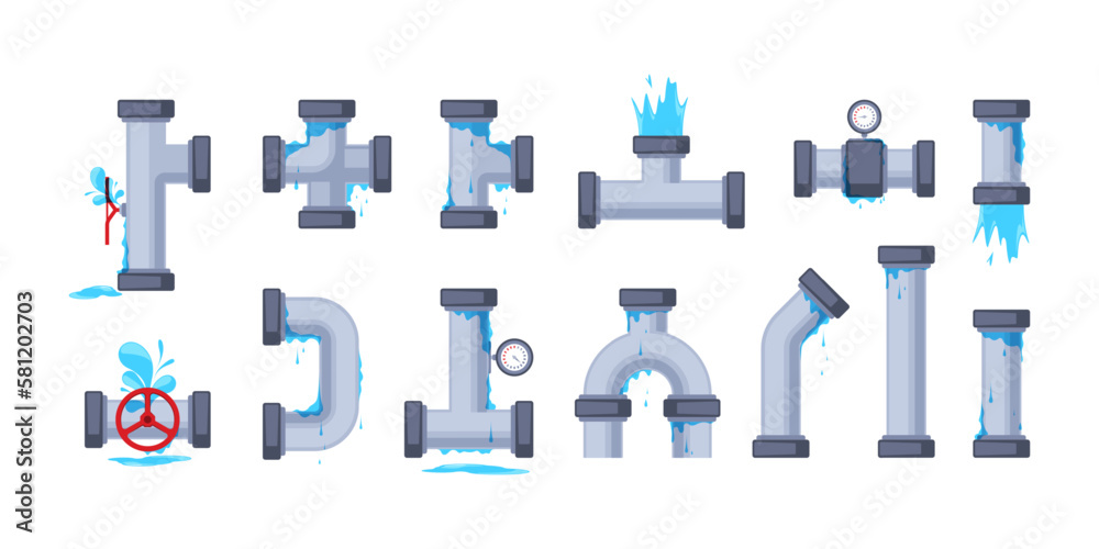 Pipeline leak. Broken pipe with leakage, plumber dripping drain faucet