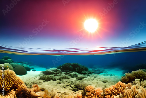  A Symphony of Colors  Vibrant Sunset Ocean View from Underwater with Generative AI 