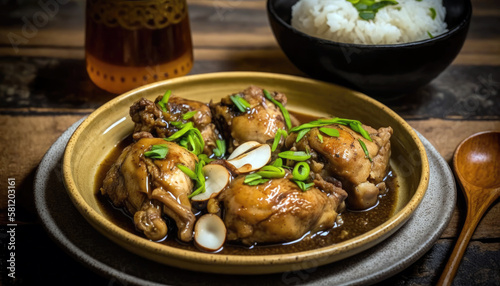 Filipino Chicken Adobo - A Tangy and Savory Main Course with Garlic and Bay Leaves (created with Generative AI)