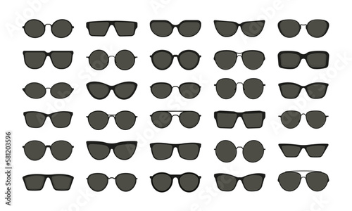 Sunglasses shapes. Black polarized hipster glasses, retro classic eyewear spectacles, modern fashion eyeglass silhouettes. Vector flat set. Stylish different accessory, dark shade for summer