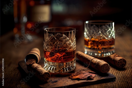 Cuban cigars, cognac brandy glasses, close-up detls. Generative AI Art. photo