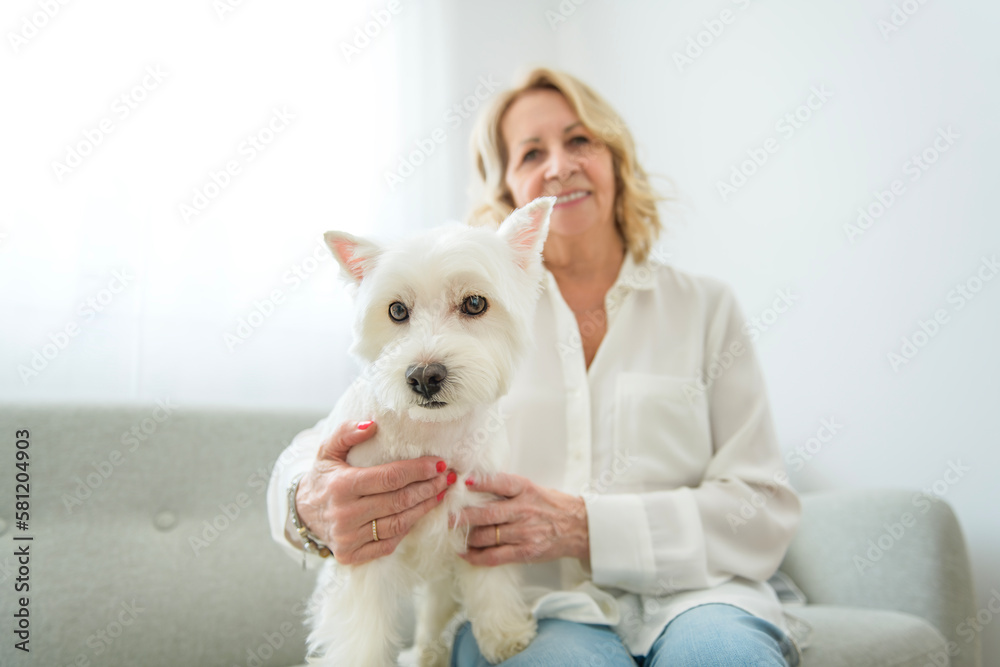 Cheerful retired senior woman with dog and enjoying time with pet at home Cheerful retired senior woman with dog and enjoying time with pet at home