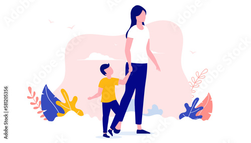 Mother and son - Mom with one child walking outdoors. Colourful flat design vector illustration with white background