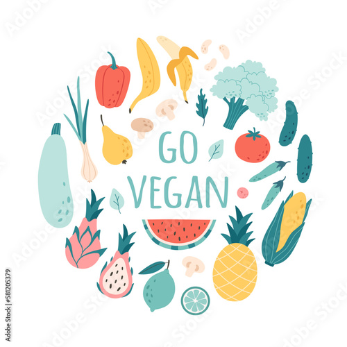 Fresh fruits and vegetables. Healthy food, proper nutrition, vegetarian and vegan concept. Go vegan. Vector illustration in flat style