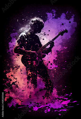 silhouette of a guitar player, neon particles, generative ai