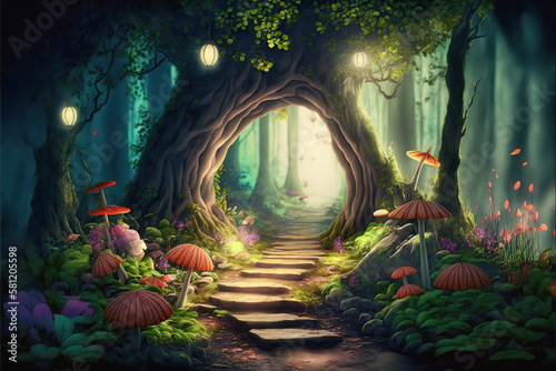 fantastic wonderland forest landscape with stone path, mushrooms, passage through a hollow tree photo