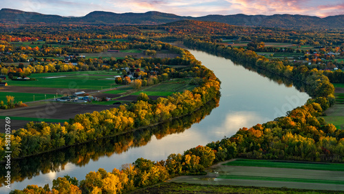 Pioneer Valley with the Connecticut River in Deerfield, Massachusetts at sunset- Northeast agriculture