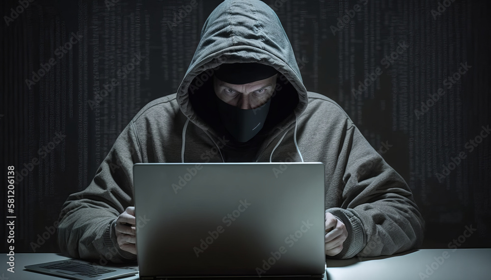 Hacker with laptop initiating cyber attack. Generative AI