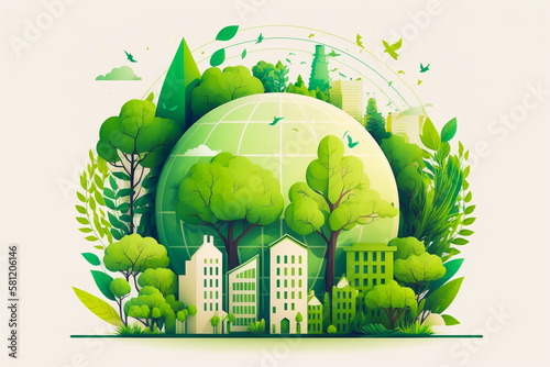 World earth day green environment with plants and trees. Concept of sustainable development ecology and green energy.