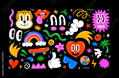 Colorful retro cartoon doodle illustration set. Vintage style eye and happy faces reaction sticker collection. Funny psychedelic character smiling, modern flat drawing art.