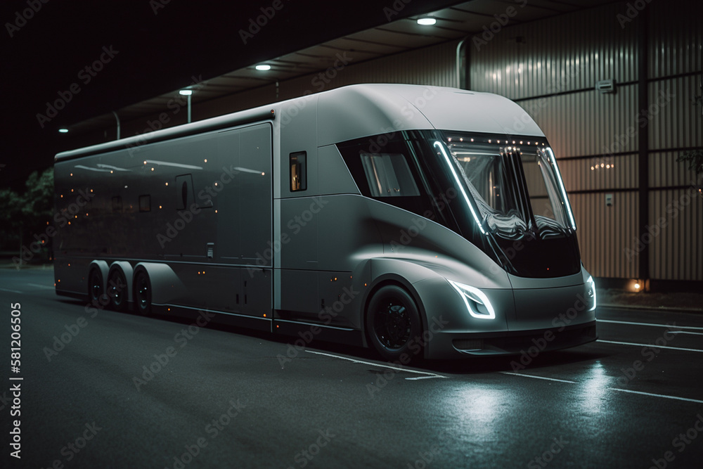 Luxury futuristic Tesla RV van. Living on the road concept, electric car for sustainable development.