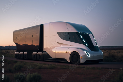 Luxury futuristic Tesla RV van. Living on the road concept, electric car for sustainable development. © Artofinnovation