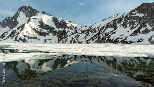 Alpine lake with Mountain reflection in Sawtooth Mountains  Idaho 