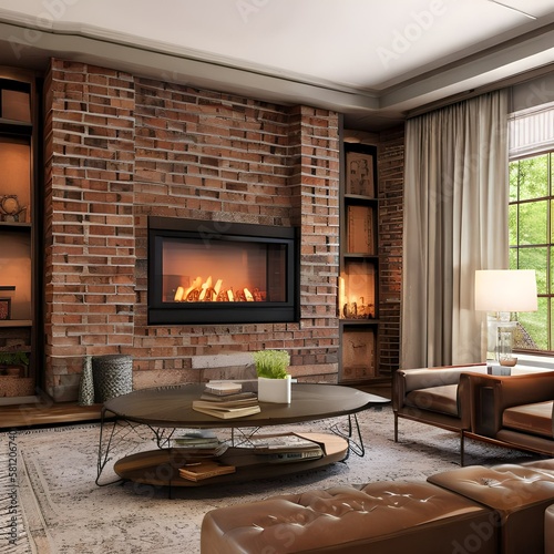 Cozy living room with brick fireplace and neutral furnishings1, Generative AI