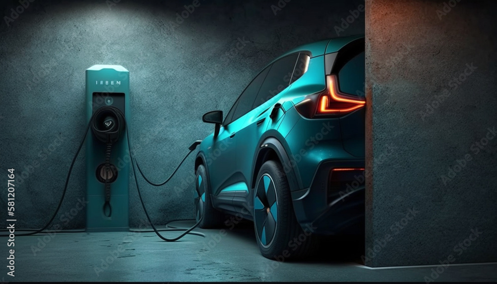 A car is charging at an electric station, luxury vehicle and charging spot, Generative AI