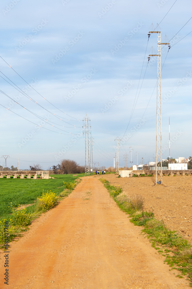 Camino de tierra que discurre entre tendidos eléctricos con gente caminando. Camino de tierra que discurre entre tendidos eléctricos con gente caminando.