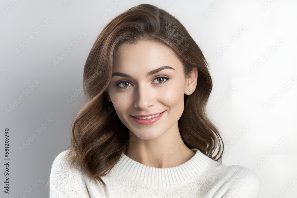 Fototapeta premium Beautiful smiling brunette woman wearing a white sweater on white background, looking at the camera. Generative AI