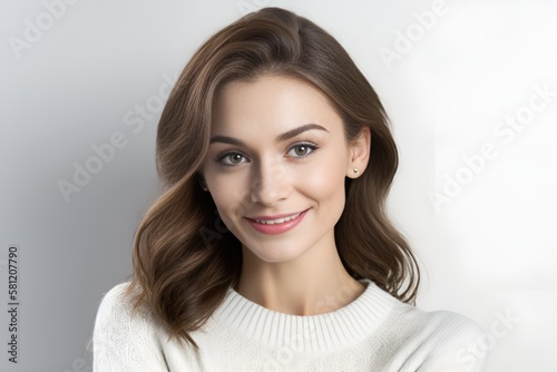 Beautiful smiling brunette woman wearing a white sweater on white background, looking at the camera. Generative AI
