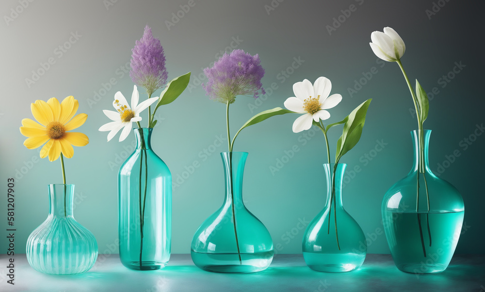 Flowers in glass vases. Generative AI