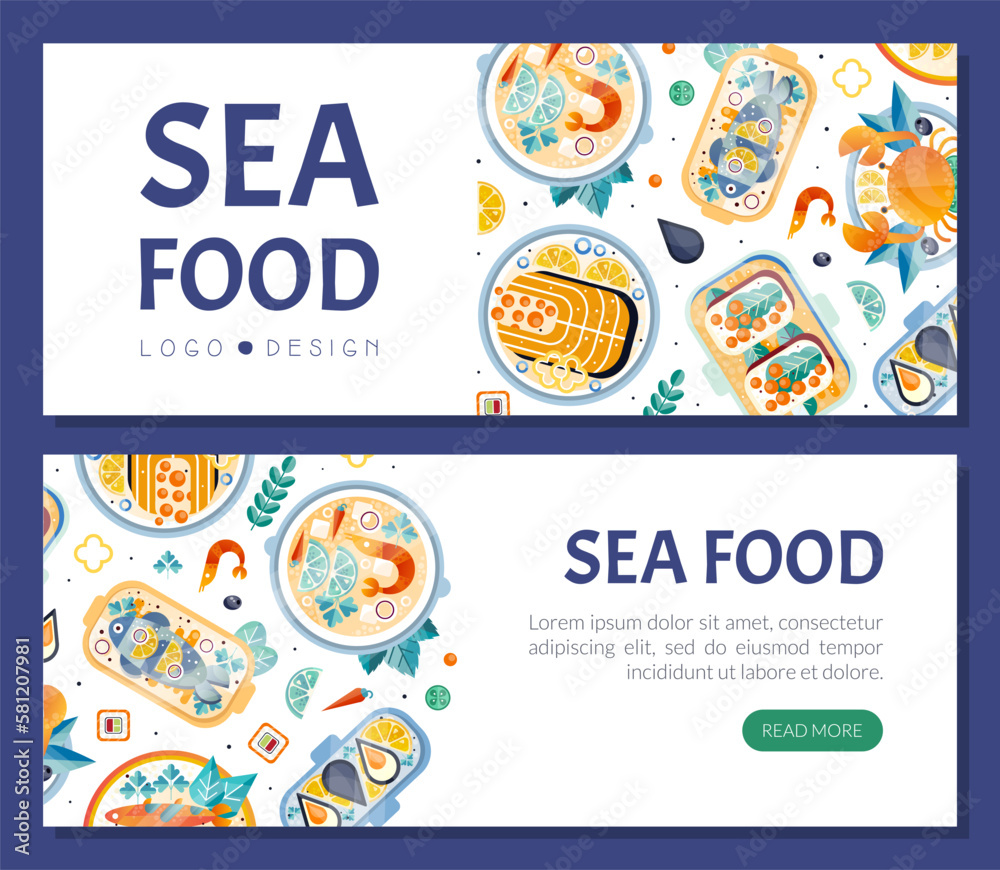 Seafood Design with Fish and Shellfish Dish Served on Plate Vector Template