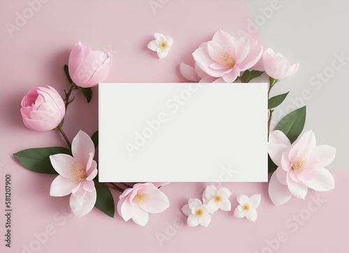 Blank paper card between flowers top view, wedding or greeting card mockup. Generative AI © Maksim Kostenko