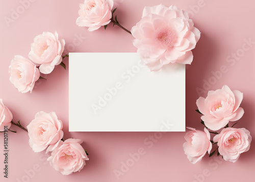 Blank paper card between flowers top view, wedding or greeting card mockup. Generative AI © Maksim Kostenko